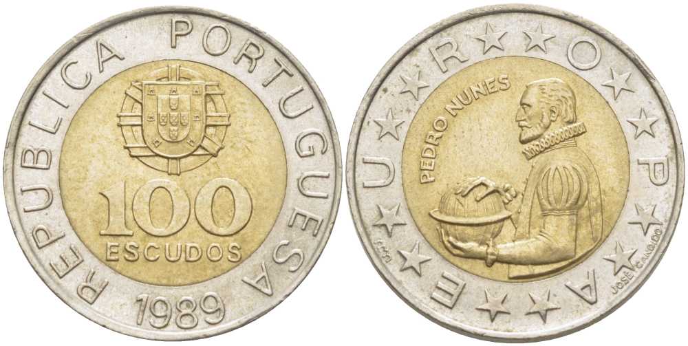 Португалия 100 эскудо 1989 Педру Нуниш (1502-1578), математик KM 645.1 биметалл 110-114