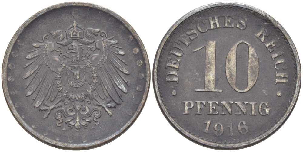 ГЕРМАНИЯ 10 ПФЕННИНГОВ 1916 A, ПЕРВАЯ МИРОВАЯ ВОЙНА KM 20, J.298, Weege 8 железо 202-155