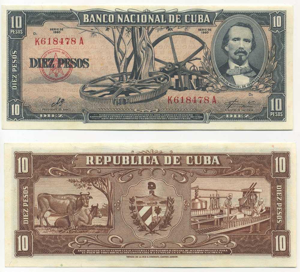 Куба 10 песо 1960 подпись Че Гевара, Карлос Мануэль Сеспедес, коровы, молочная ферма Pick 88c бумага UNC (пресс) 444-134-2-2