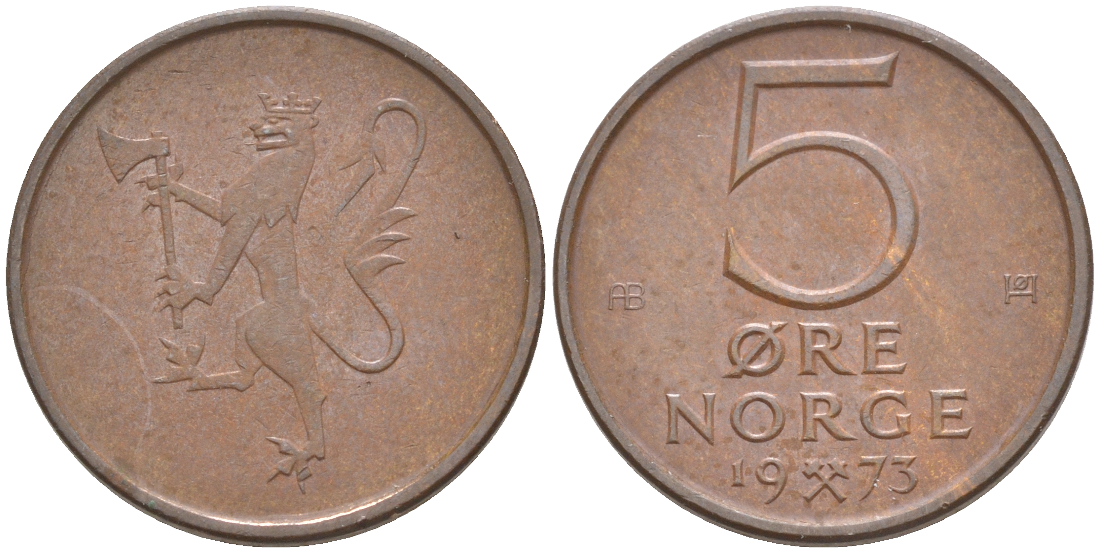 Норвегия 5 эре 1973 Улаф V (1958-1991) ​KM 415 бронза 187-743