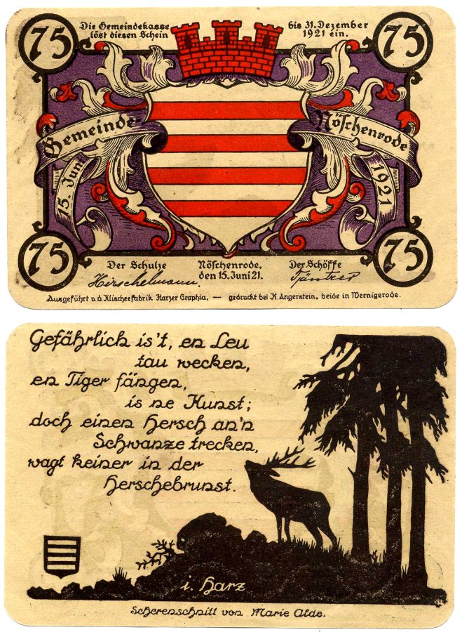 Ношенроде 75 пфеннигов 1921 15 июня 1921, нотгельд (Harz, фиолетовый), земля Саксония Grabowski 980.10 бумага 2195-11-3-2