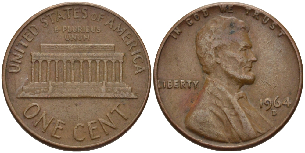 США 1 ЦЕНТ 1964 D, ЛИНКОЛЬН KM 201 медь цинк 66-1011