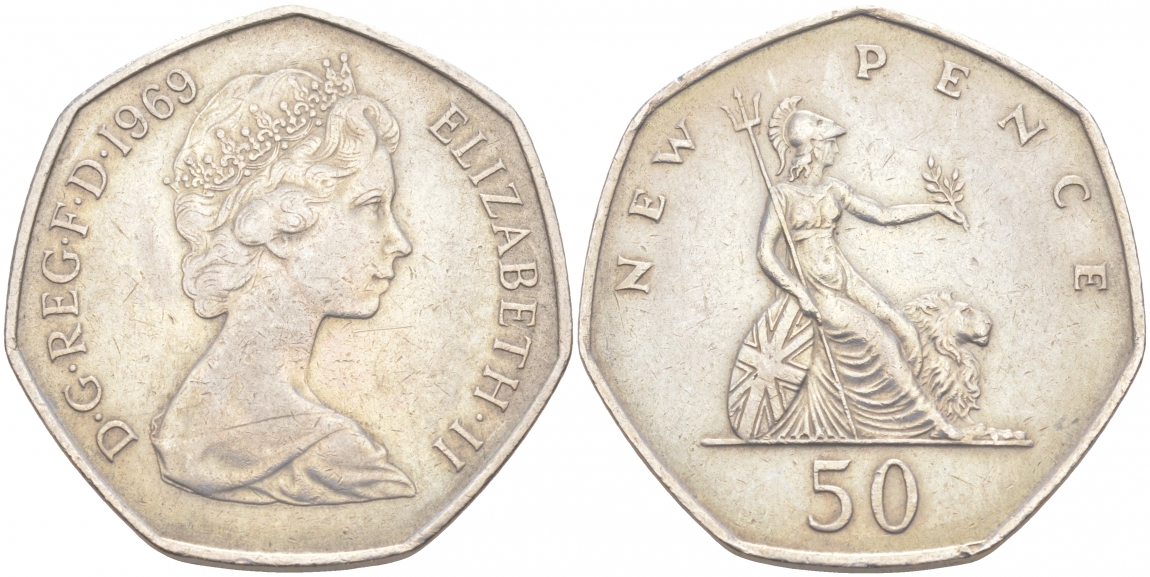 Великобритания 50 пенсов 1969 Елизавета II (1952-2022) KM 913, Spink 4223 (H1) медно-никель 69-211