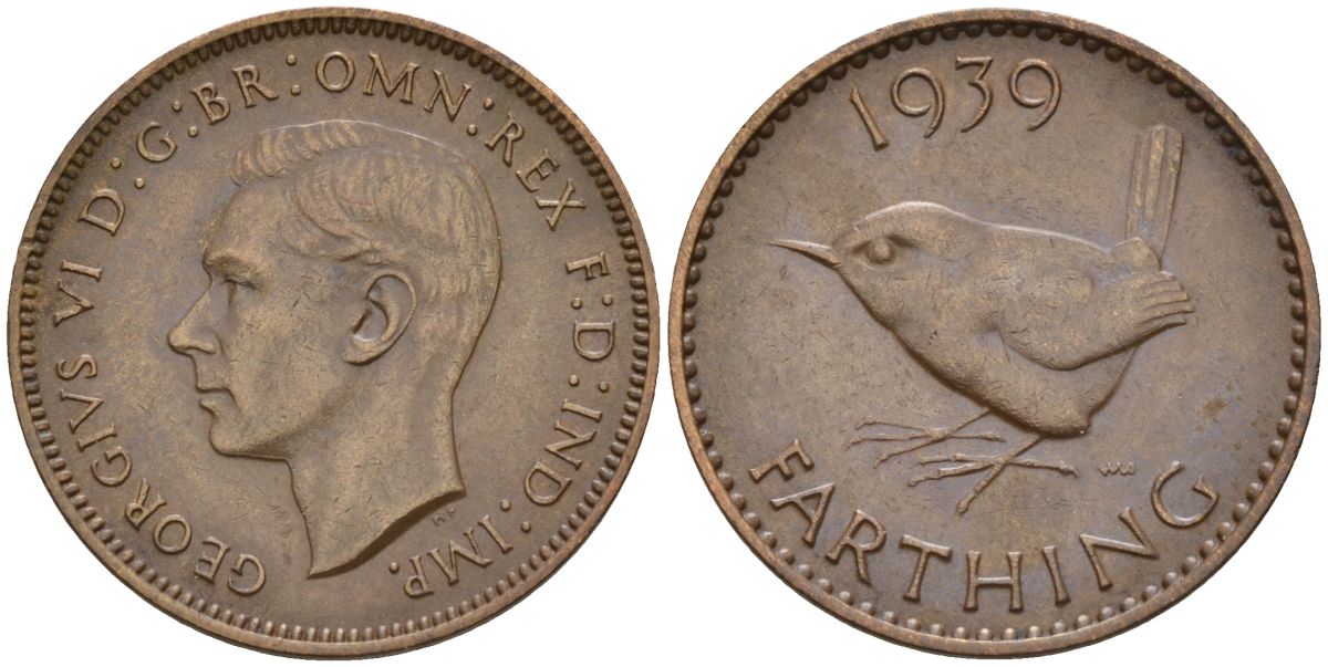 Великобритания 1 фартинг 1939 Георг VI (1936-1952) KM 843, Spink 4116 бронза 4154-253