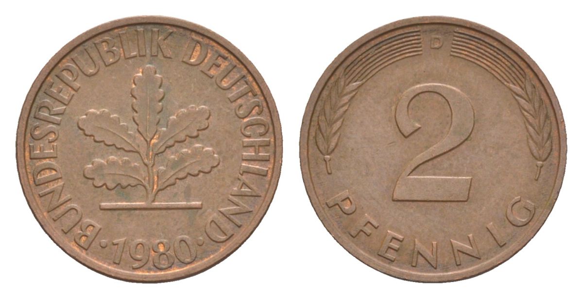 ФРГ 2 пфеннига 1980 D KM 106a, J.381a сталь плакированная медью 4630-1238