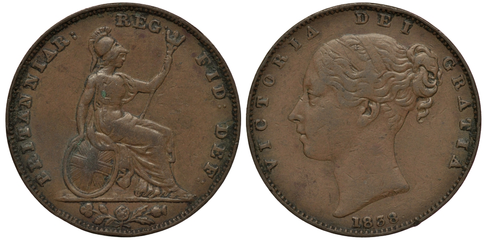 Великобритания 1 фартинг 1838 Виктория (1837-1901) KM 725, Spink 3950 медь 1515-2141