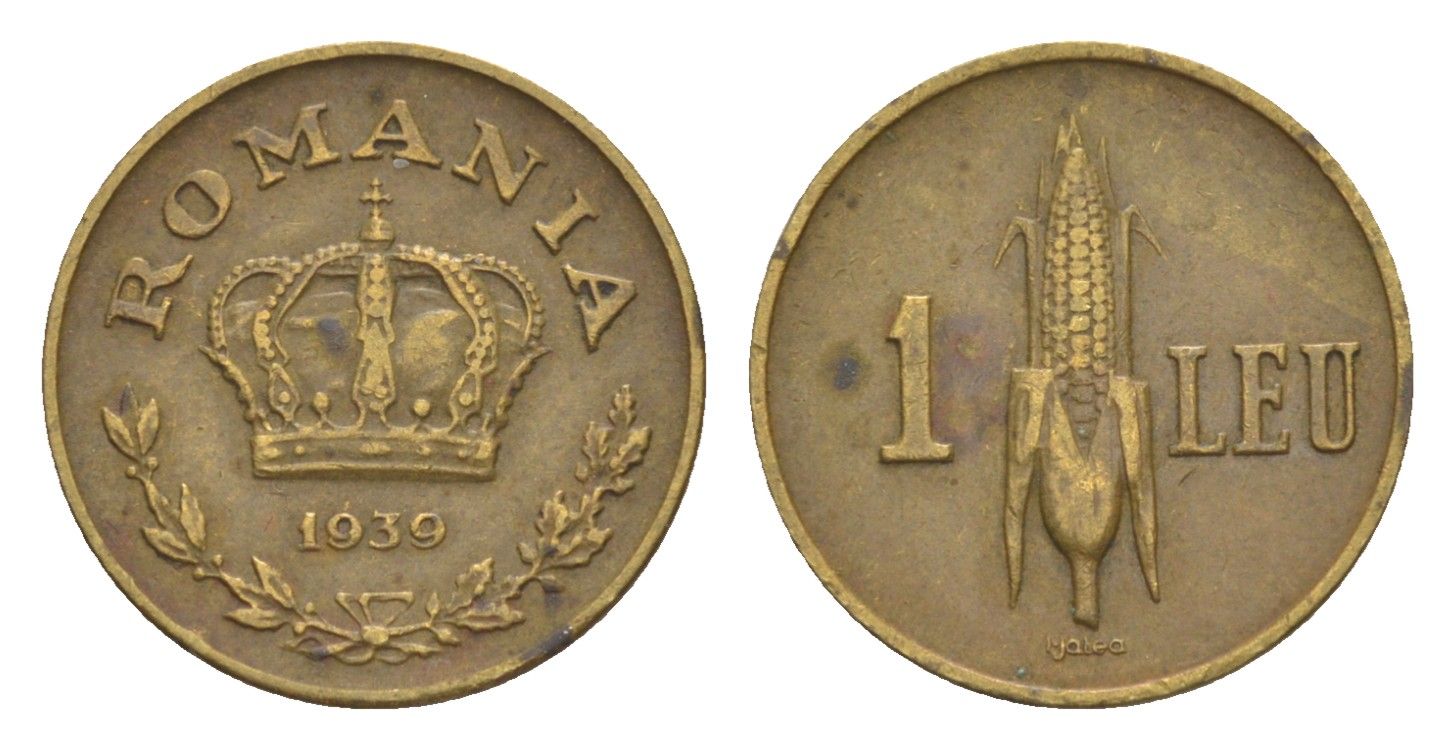 Румыния 1 лей 1939 Кароль II (1930-1940) KM 56 никель латунь 4636-365