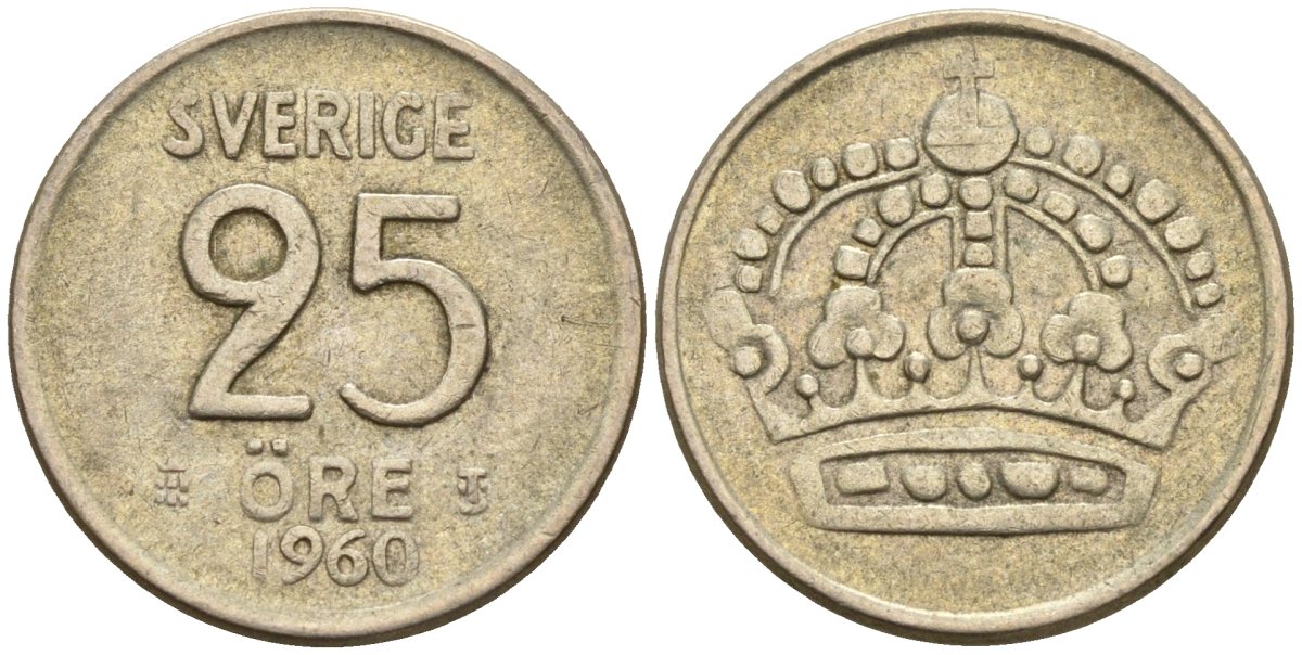 Швеция 25 эре 1960 TS, Густав VI Адольф (1950-1973) KM 824 серебро 4147-1069