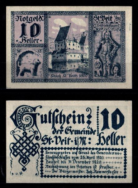 Австрия, Санкт-Файт-им-Мюлькрайс 10 геллеров 1920 бумага UNC (пресс) 2193-34-1-1