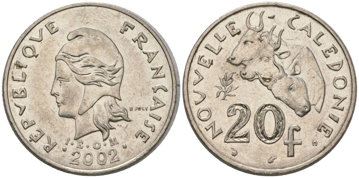 Французская Новая Каледония 20 франков 2002 три быка, (IEOM) KM 12, Schoen 14, Lec 115f никель 4131-615