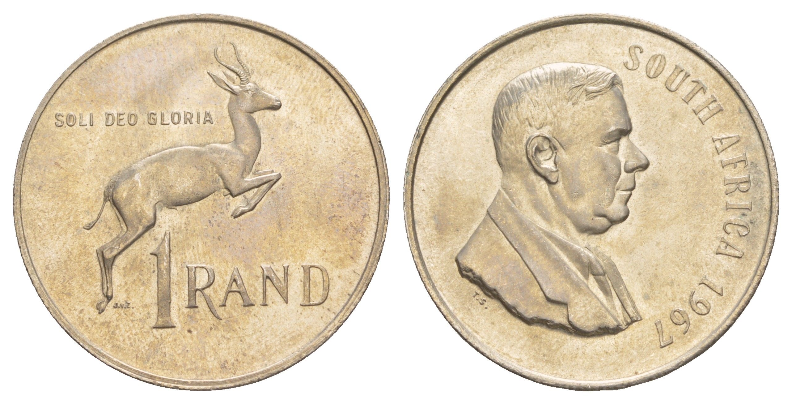 ЮАР 1 ранд 1967 Первая годовщина смерти Хендрика Фервурда, надпись на английском - "SOUTH AFRICA" KM 72.1 серебро UNC 413-3741