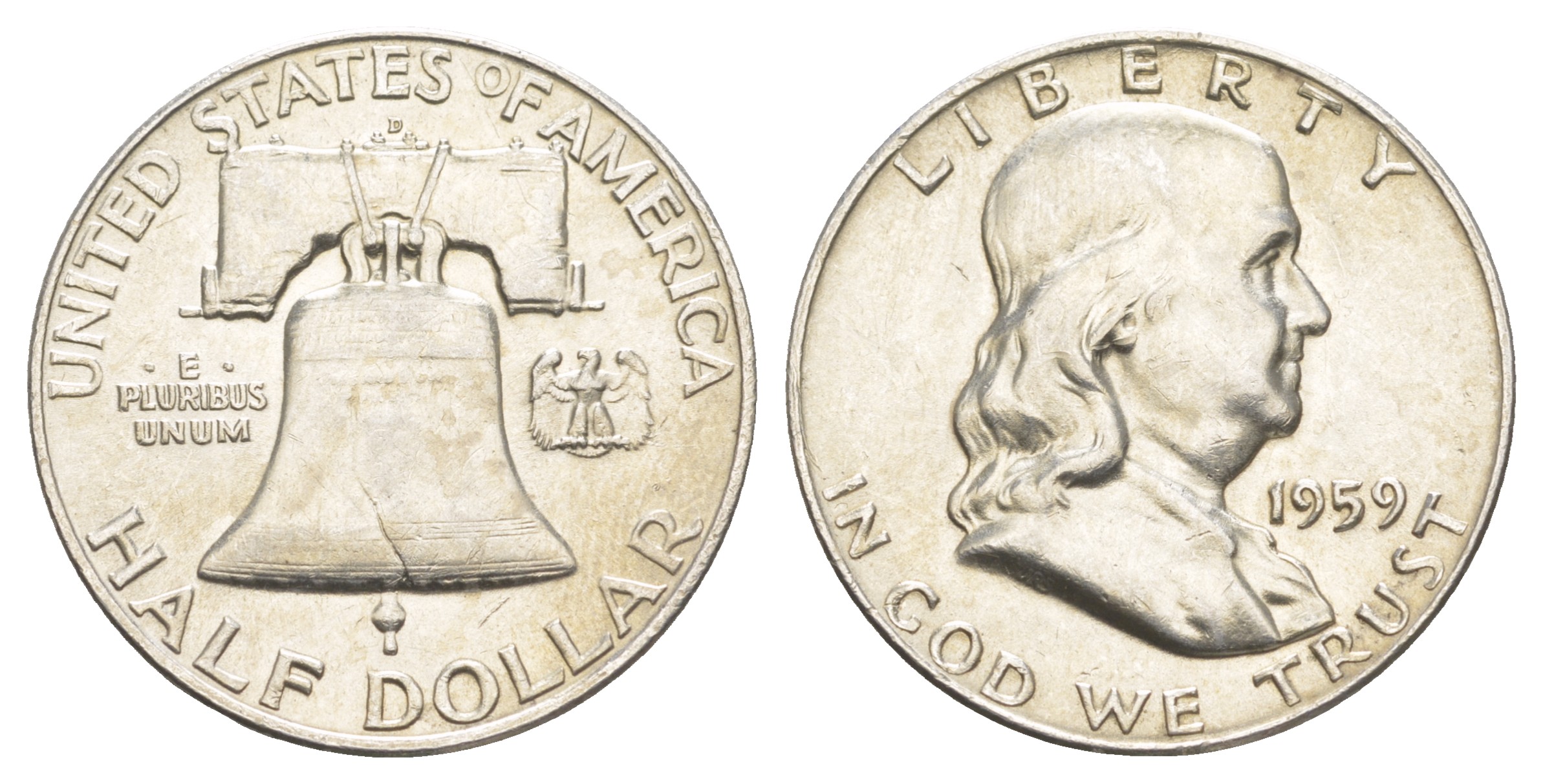 США 1/2 доллара (50 центов) 1959 Бенджамин Франклин, колокол KM 199 серебро  aUNC  4653-116