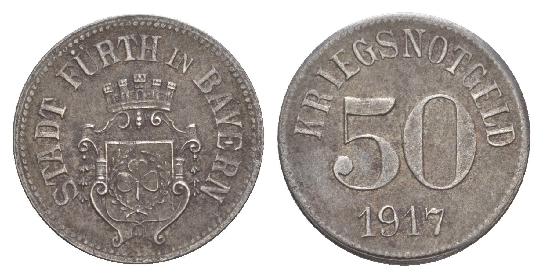 Фюрт в Баварии 50 пфеннигов 1917 Funck 145.4, Men05 8540.10, Men18 10637.10 железо 4636-1049