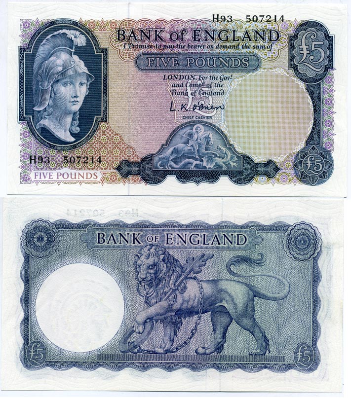 АНГЛИЯ 5 ФУНТОВ 1957-1961 ПОДПИСЬ L.K. O Brien Pick 371a бумага UNC (ПРЕСС) 000-00-00