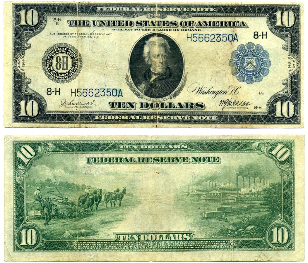 США 10 долларов 1914 Джексон, Буква "Н" -Сент-Луис, голубая серия сдвинута влево, signatures: Burke & McAdoo Pick 360bH(1) бумага 437-43-2-1