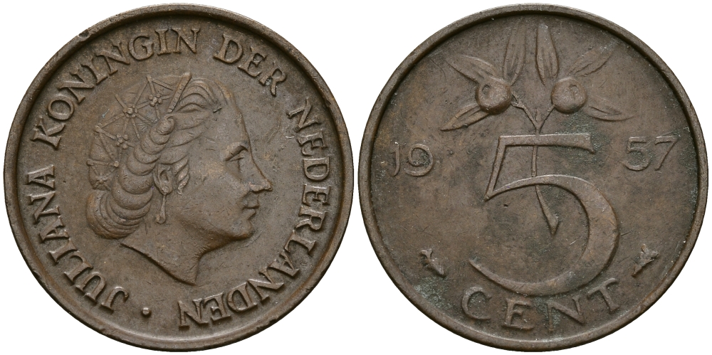 НИДЕРЛАНДЫ 5 ЦЕНТОВ 1957 ЮЛИАНА KM 181 бронза 95-333