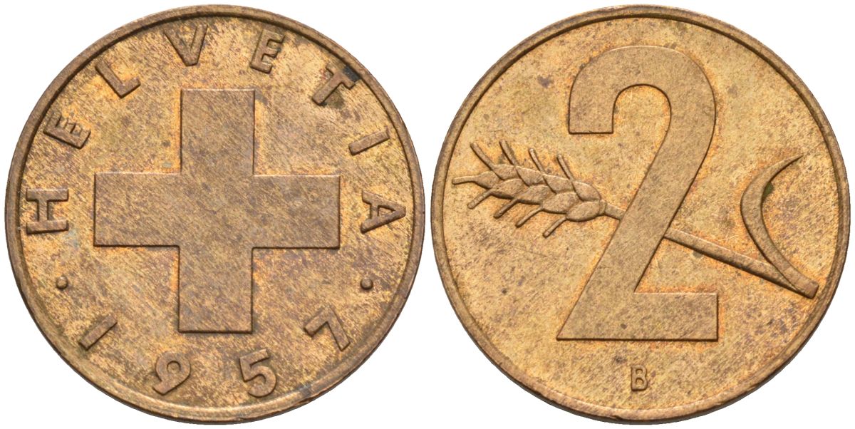 Швейцария 2 раппена 1957 В KM 47 бронза 4591-1142