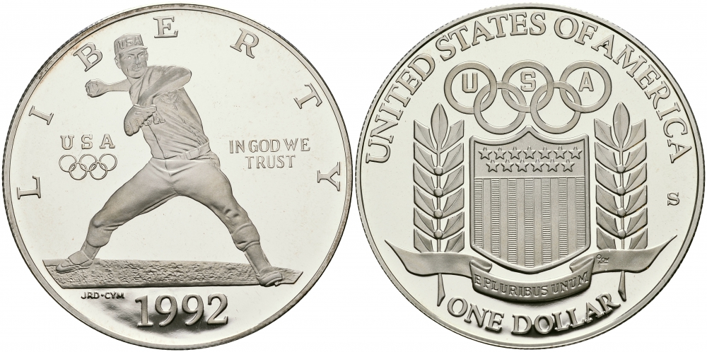 США 1 доллар 1992 S, Олимпийские игры, бейсбол KM 234 серебро PROOF 02-226-41
