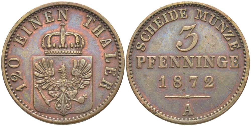 ПРУССИЯ 3 ПФЕННИГА 1872 А, ВИЛЬГЕЛЬМ I (1861-1888) KM 482 медь 117-1132