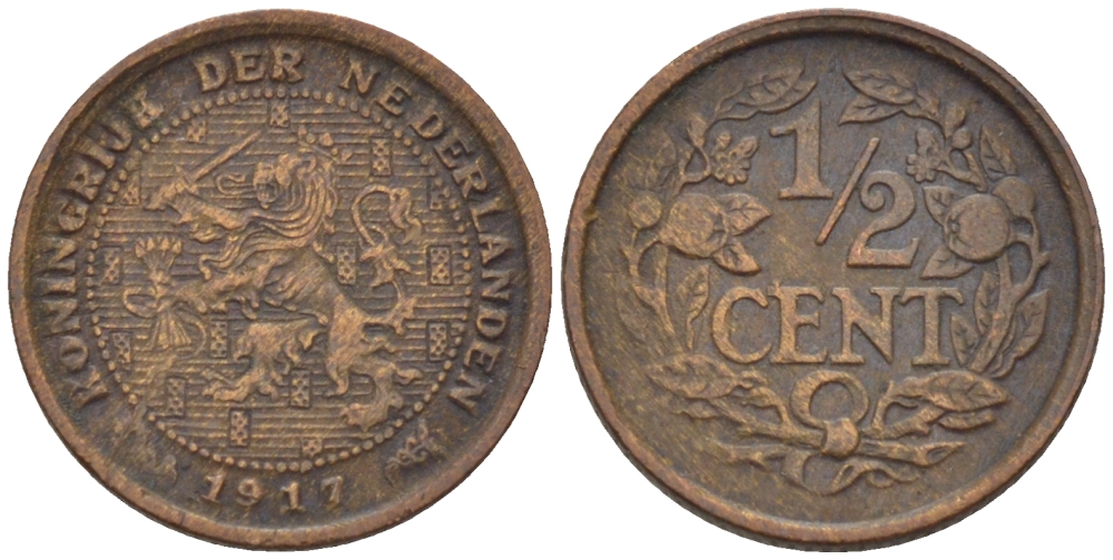 НИДЕРЛАНДЫ 1/2 ЦЕНТА 1917 ВИЛЬГЕЛЬМИНА (1890-1948) KM 138 бронза 39-216