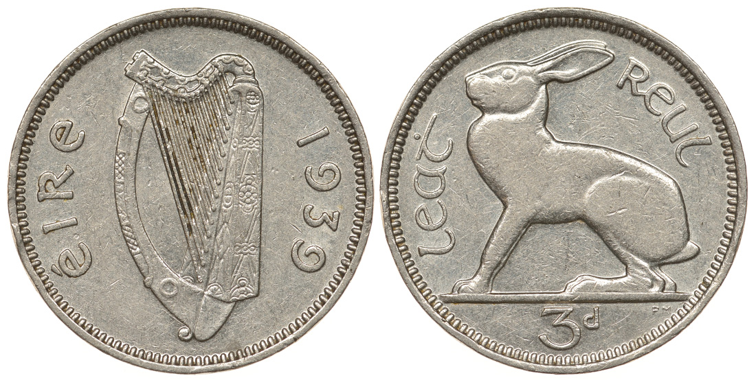 Ирландия 3 пенса 1939 заяц KM 12 никель 1525-841