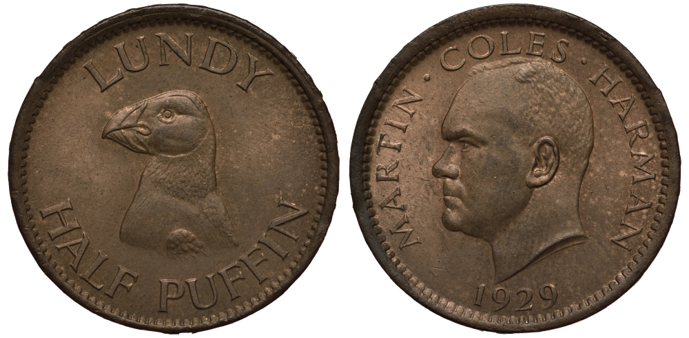 Остров Ланди 1/2 паффина 1929 Мартин Колес Харман KM Tn 1, Seaby 7849 бронза UNC 1525-832