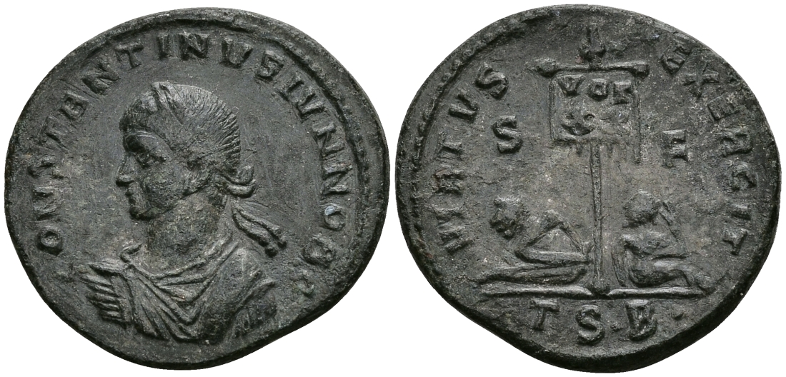 Римская Империя нуммий 319 Константин II в ранге цезаря VIRTVS EXERCIT Фессалоника Good Very fine (R2) RIC 80 бронза 1073-3-1-4