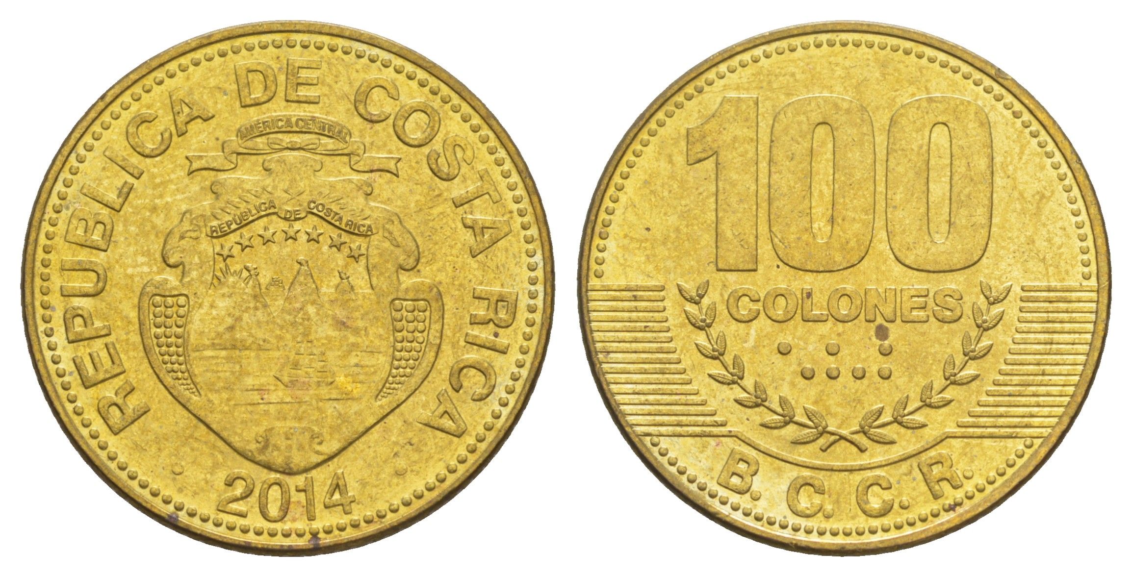 Коста-Рика 100 колонов 2014 KM 240a сталь плакированная латунью UNC 4642-1012