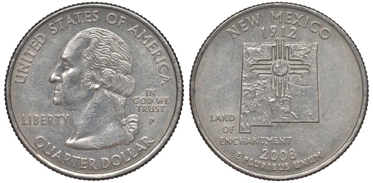 США 25 центов = квотер 2008 P, серия штаты США, Нью-Мексико KM 422 медь плакированная медно-никелем 4525-334