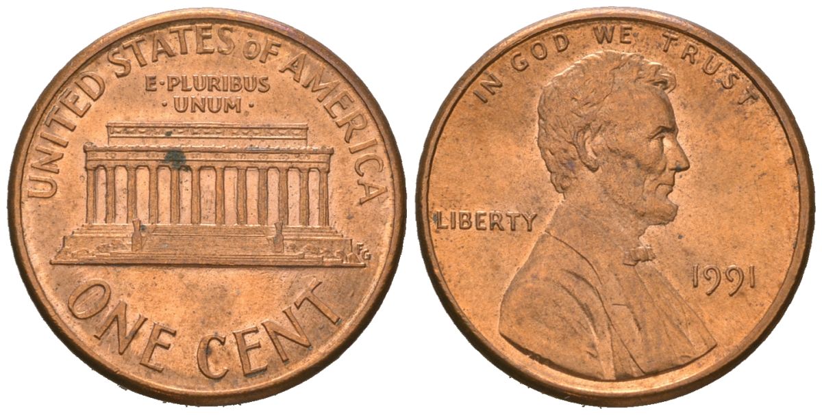 США 1 цент 1991 Авраам Линкольн KM 201b цинк плакированная медью aUNC 220-1013