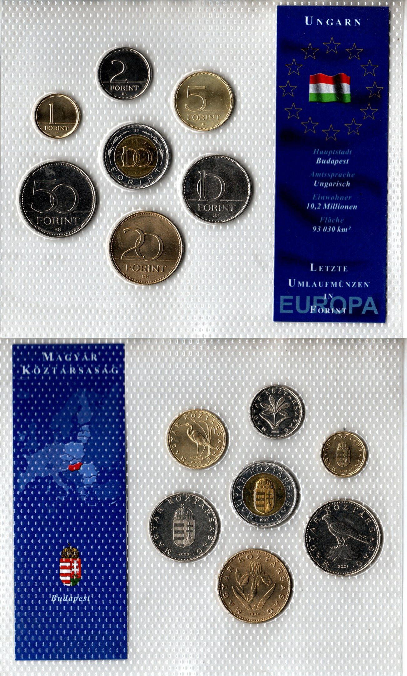 Венгрия набор из 7 монет (1, 2, 5, 10, 20, 50 и 100 форинтов) 1994, 1997, 2001, 2003 в красочной упаковке с информацией о стране KM 692, 693, 694, 695, 696, 697 и 721 UNC 2-6-3-111