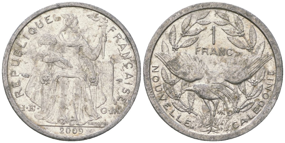 Французская Новая Каледония 1 франк 2009 птица кагу, (IEOM) KM 10, Schoen 10 алюминий 55-1234