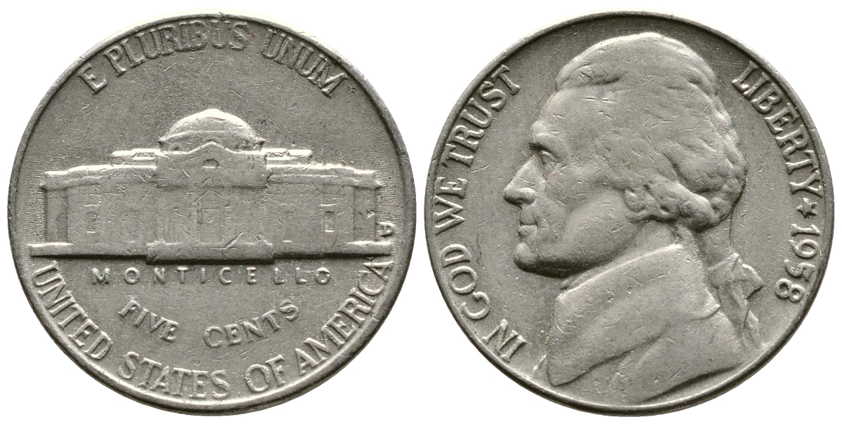 США 5 ЦЕНТОВ 1958 D, ДЖЕФЕРСОН KM А192 медно-никель 73-1057