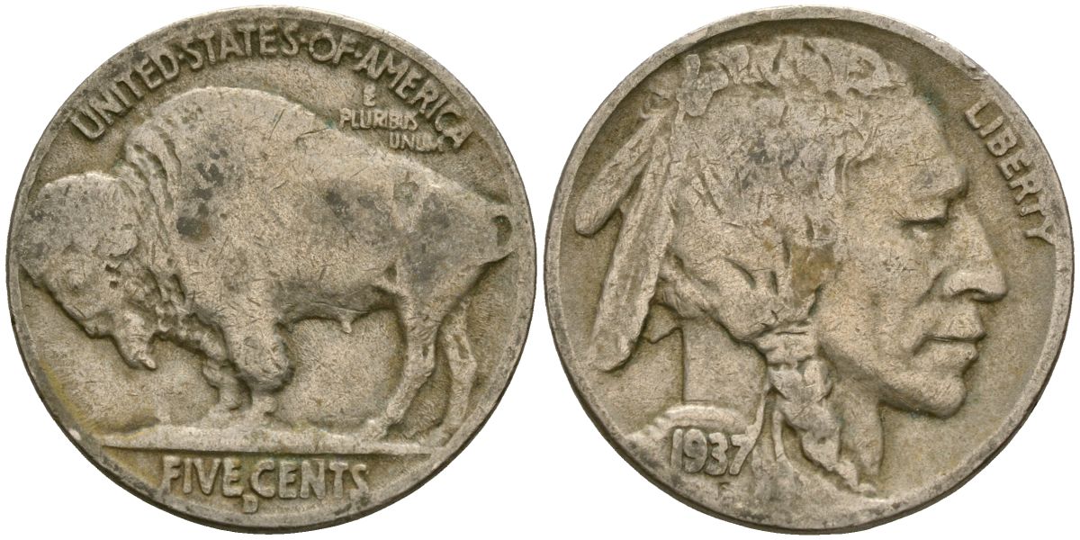 США 5 центов 1937 индеец, бизон KM 134 медно-никель 4529-914