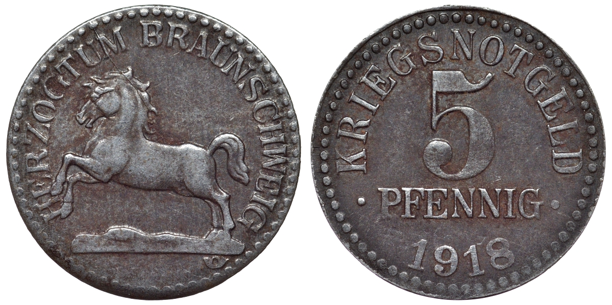 Германия, Брауншвейг 5 пфеннигов 1918 нотгельд Funck 56.1A железо 4118-1252