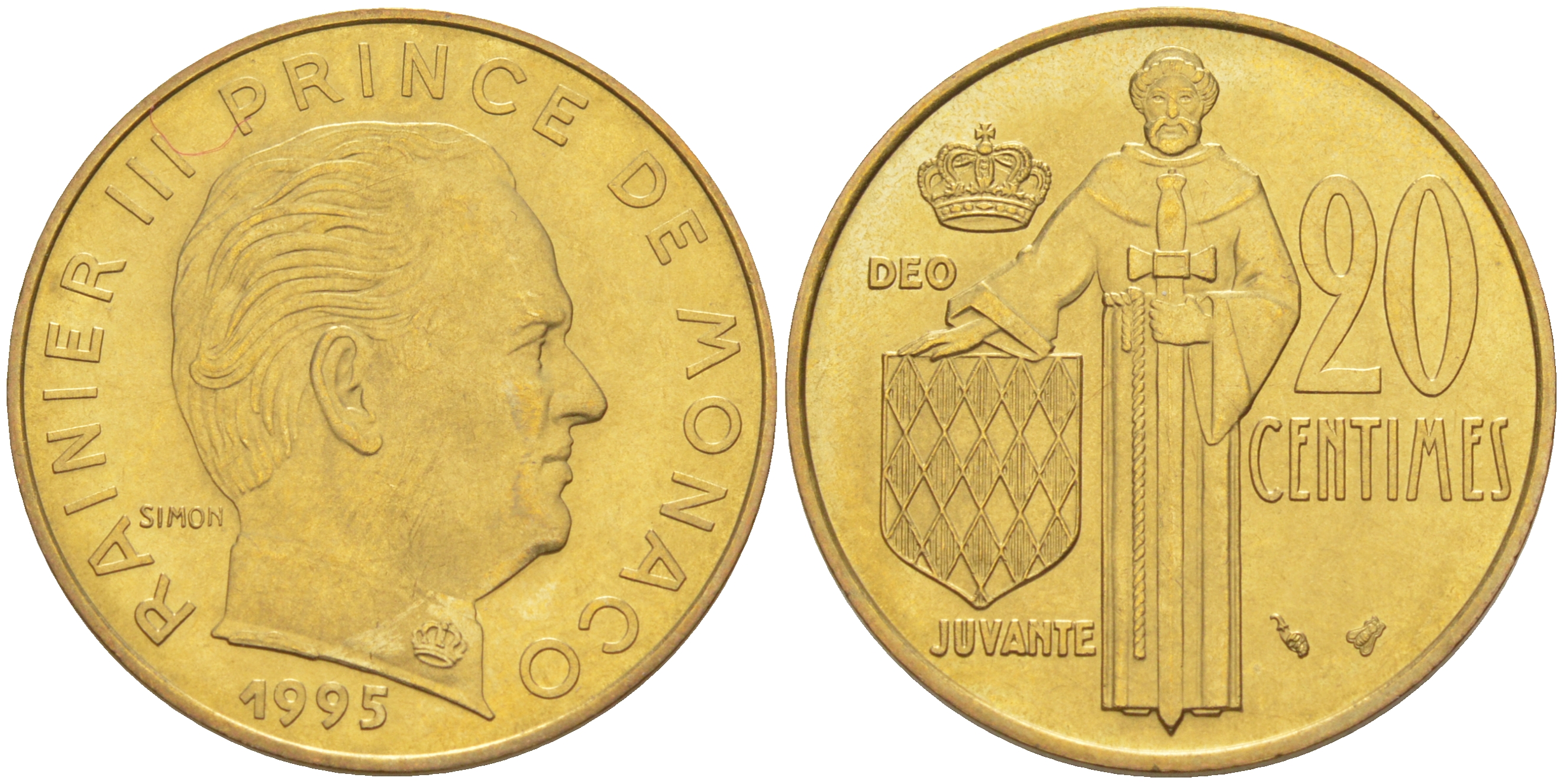 Монако 20 сантимов 1995 Ренье III (1949-2005) KM 143 алюминиевая бронза 190-517