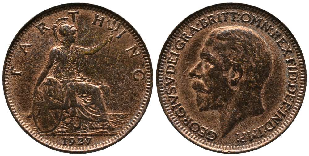 Великобритания 1 фартинг 1927 Георг V (1910-1936) KM 825, Spink 4061 бронза 1518-533