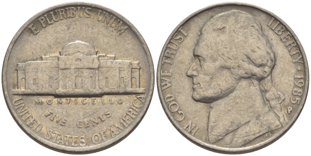 США 5 ЦЕНТОВ 1985 Р, ДЖЕФФЕРСОН KM А192 медно-никель 31-647