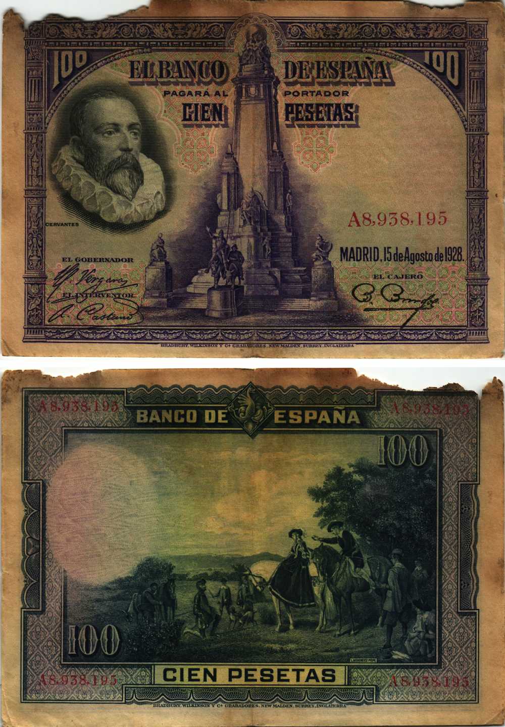 Испания 100 песет 1928 Мигель де Сервантес Сааведра, памятник Сервантесу, картина Дон Кихот Pick 76 а бумага 8609-38-2