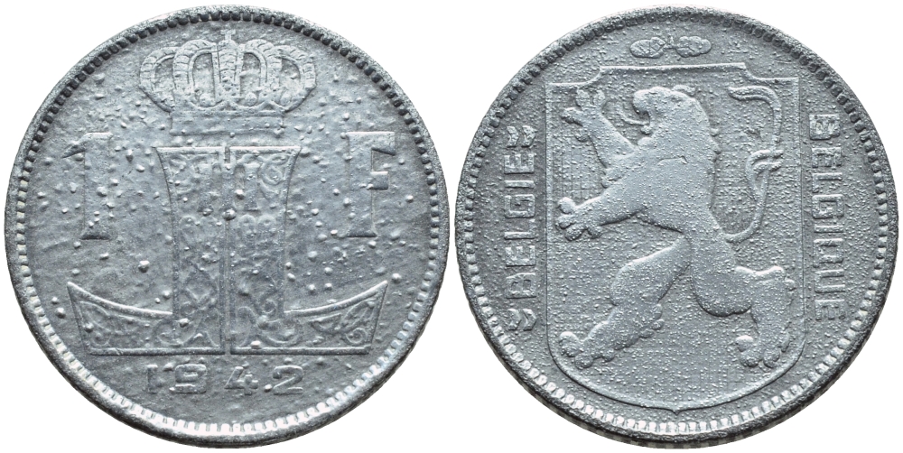 БЕЛЬГИЯ 1 ФРАНК 1942 BELGIE-BELGIQUE, ГЕРМАНСКАЯ ОККУПАЦИЯ, ВТОРАЯ МИРОВАЯ ВОЙНА KM 128 цинк 4393-945