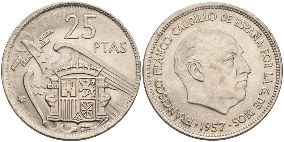 Испания 25 песет 1957(68) Франциско Франко (1939-1975) KM 787 медно-никель аUNC 4583-1021