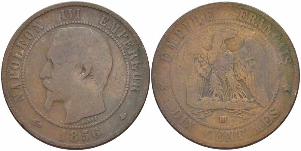 Франция 10 сантимов 1856 BB, Наполеон III (1852-1870) KM 771.3, Le Franc 133.34 бронза    4680-632
