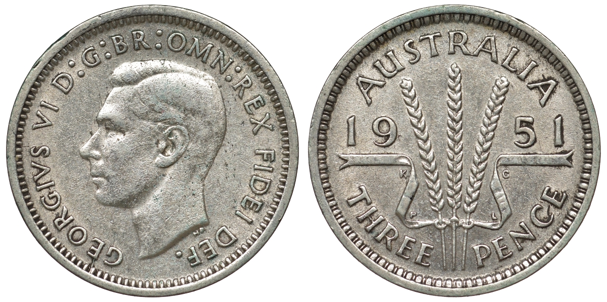 Австралия 3 пенса 1951 m, Георг VI (1937-1952), без букв KM 44 серебро 71-328