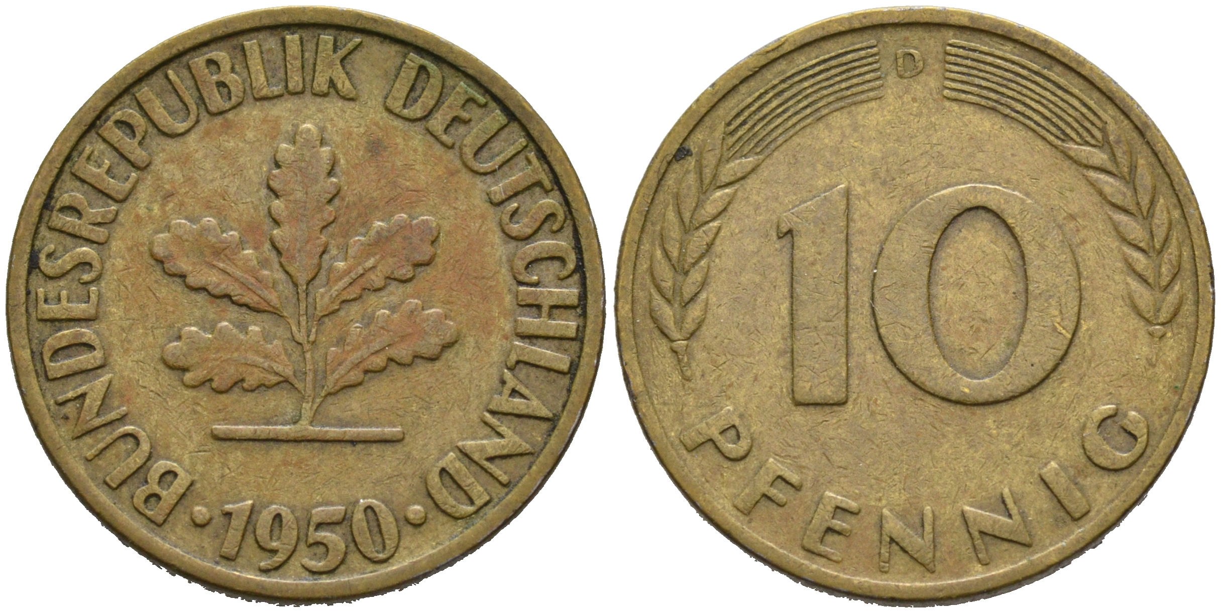 ФРГ 10 ПФЕННИГОВ 1950 D KM 108, J.383 сталь плакированная латунью 75-621