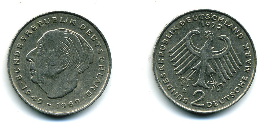 ФРГ 2 марки 1972 D, Теодор Хойс KM 127, J. 407 медно-никель плакированный никелем 35-1245