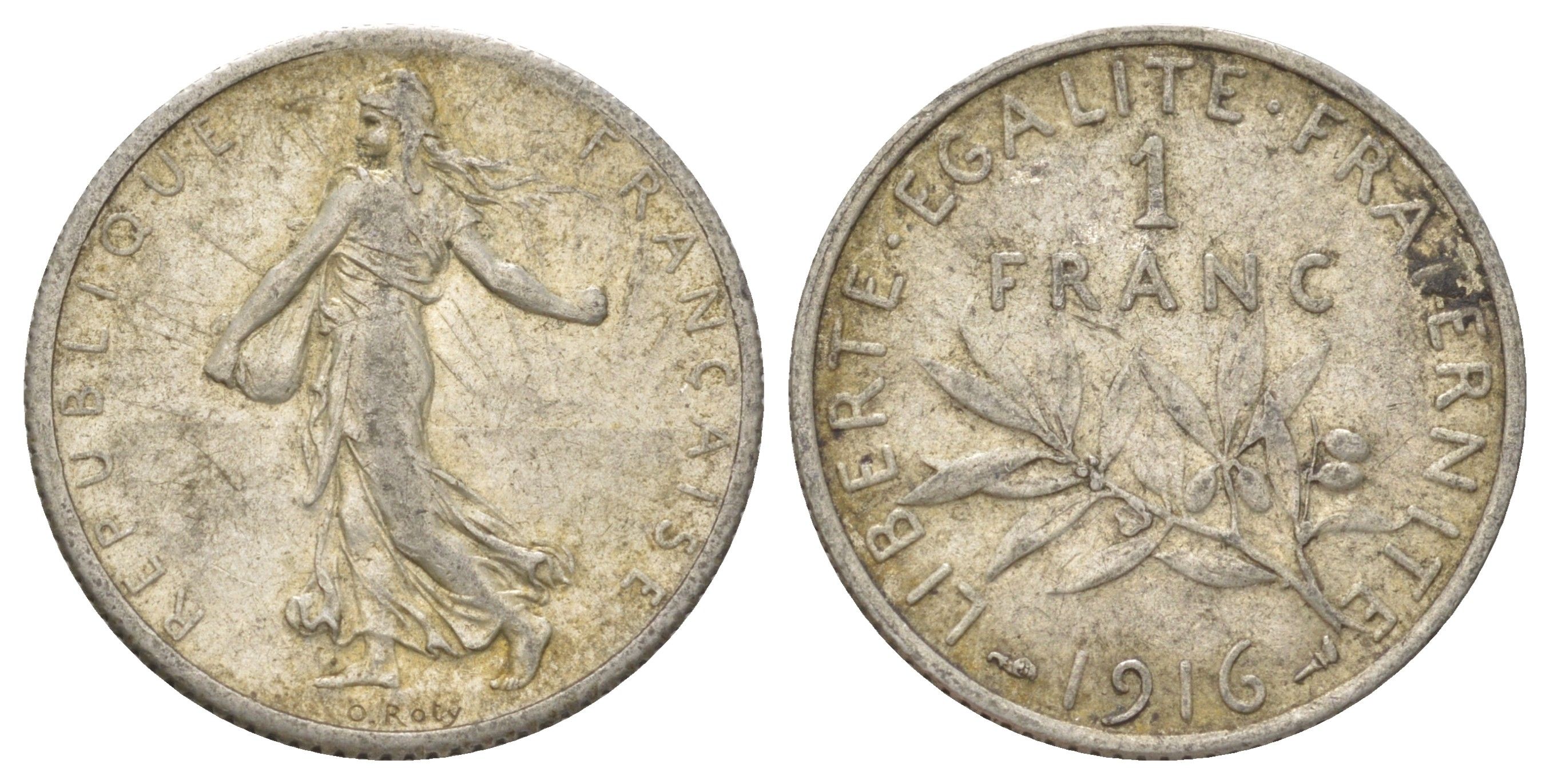 Франция 1 франк 1916 KM 844 серебро 4622-1114