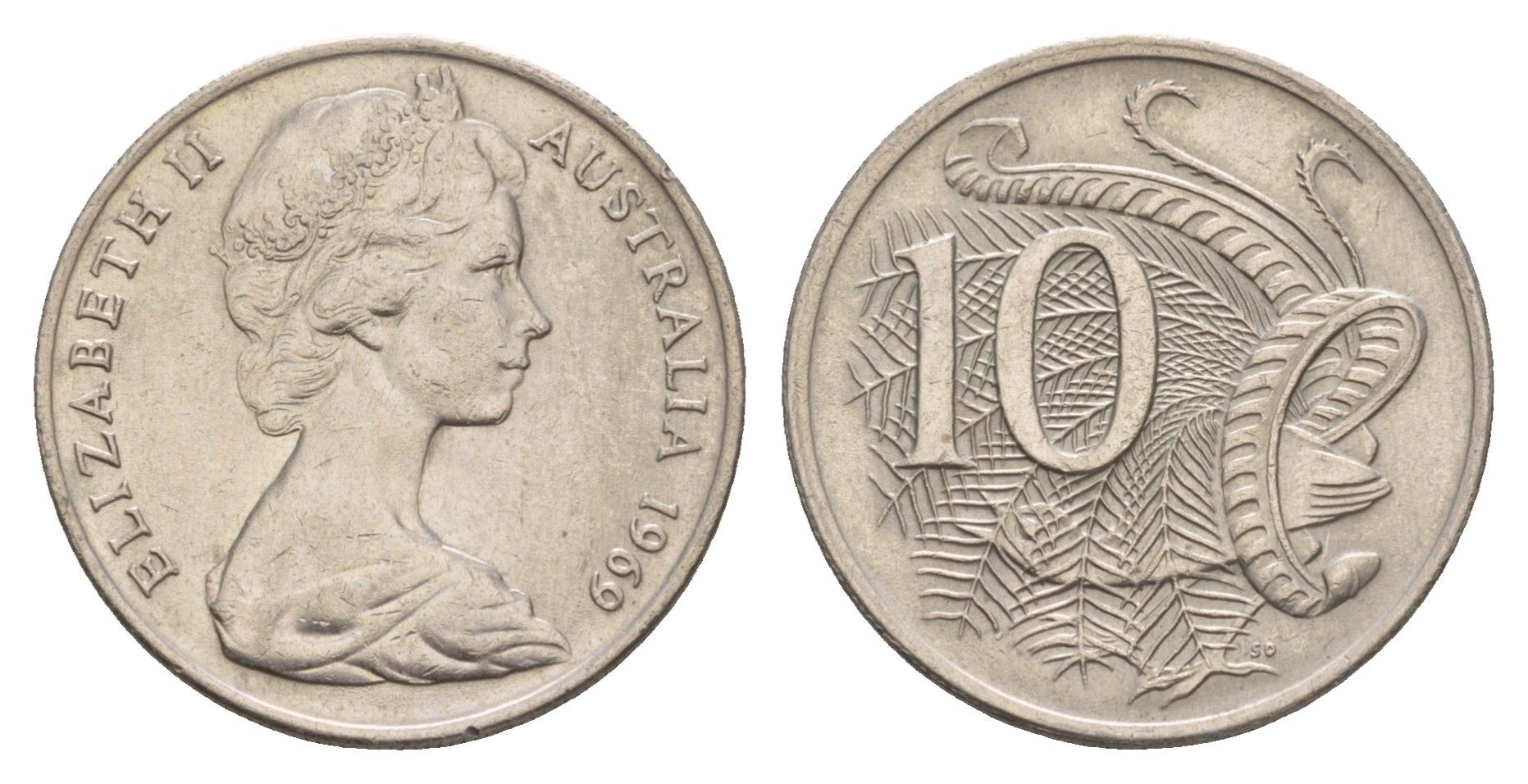 Австралия 10 центов 1969 Елизавета II (1952-2022), птица лирахвост KM 65 медно-никель 4657-137