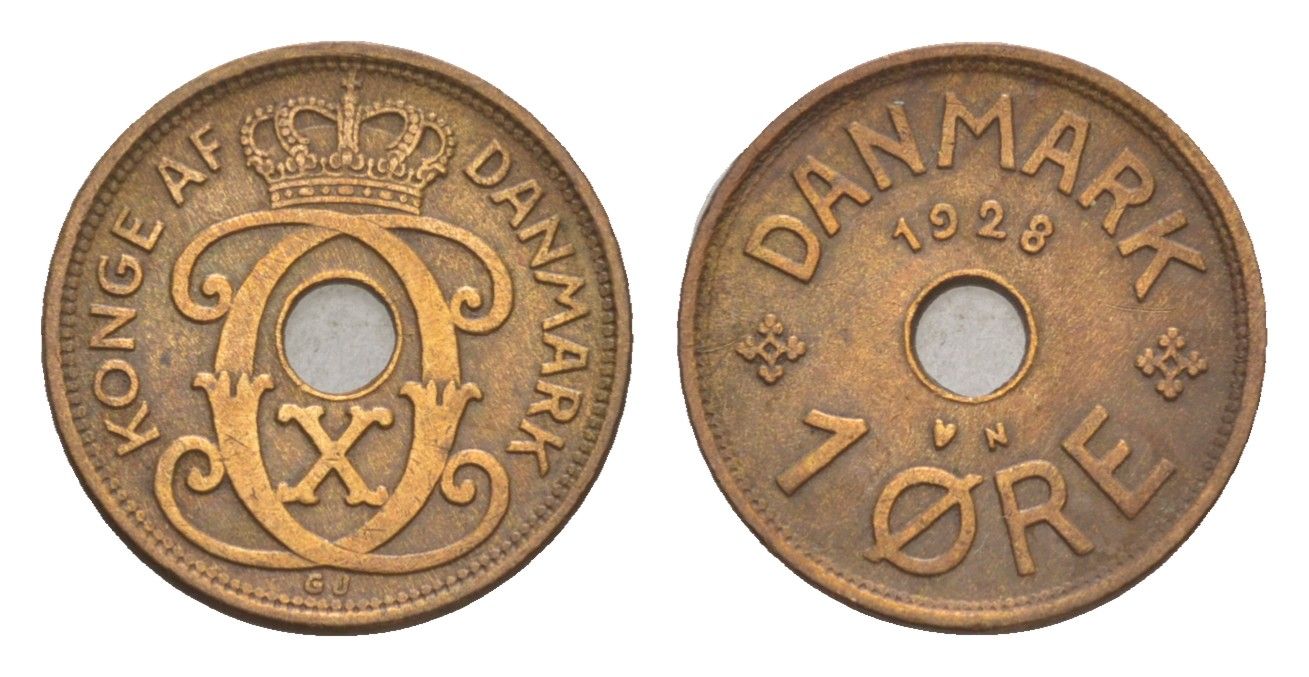 Дания 1 эре 1928 N, Кристиан X (1912-1947) KM 826 бронза 4658-138