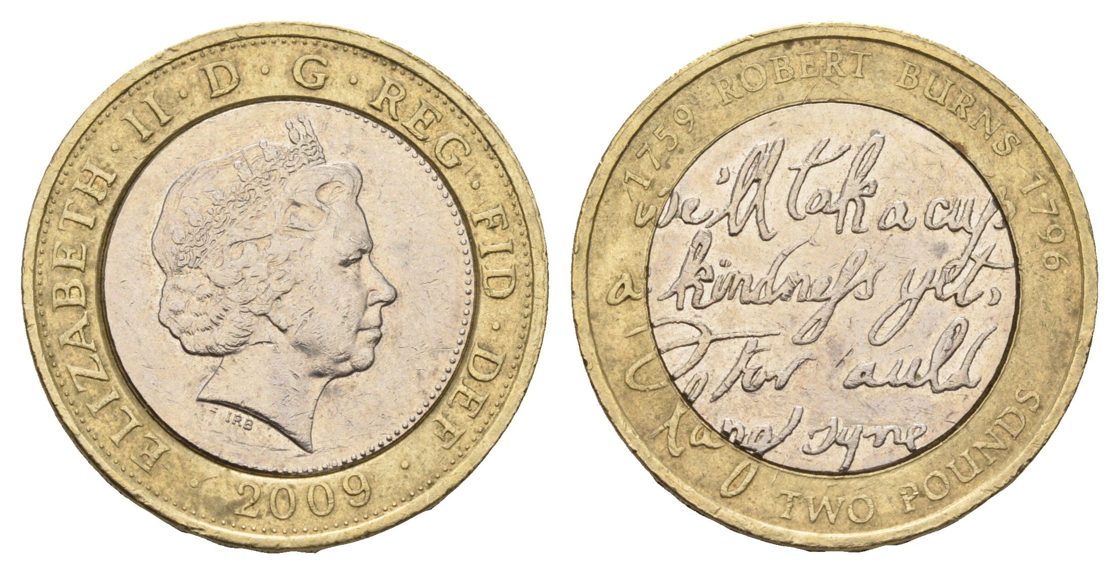 Великобритания 2 фунта 2009 Елизавета II (1952-2022), 250 лет со дня рождения Роберта Бёрнса KM 1116, Spink K24 биметалл 4111-1036