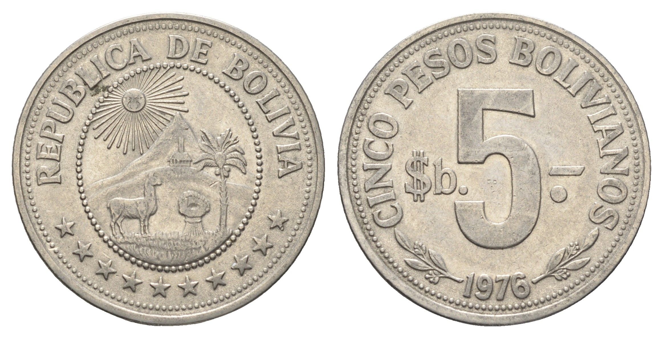 Боливия 5 песо 1976 KM 197 сталь плакированная никелем 4661-1114